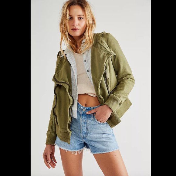 Free People Jackets & Blazers - Free People We The Free Carmen Moto Jacket Top Ribbed Zip-up Olive XS NEW